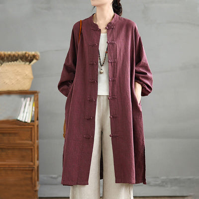 Buddha Stones Casual Frog-button Women's Cotton Linen Coat With Pockets - Purple - US12，UK/AU16，EU44 (2XL) - image 0