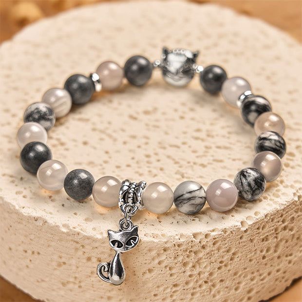 Buddha Stones Birman Cat Natural Grey Jasper Agate Bead Healing Bracelet - image 2