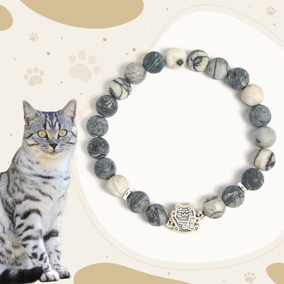 Buddha Stones 925 Sterling Silver Grey Tabby Cat Natural Black Veined Jasper Stability Bracelet - Grey Tabby Cat(Wrist Circumference 15-16cm) - image 0