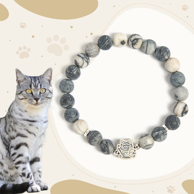 Buddha Stones 925 Sterling Silver Grey Tabby Cat Natural Black Veined Jasper Stability Bracelet - Grey Tabby Cat(Wrist Circumference 15-16cm) - image 0