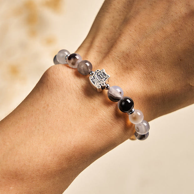 Buddha Stones 925 Sterling Silver Calico Cat Natural Agate Stone Protection Bracelet - image 4