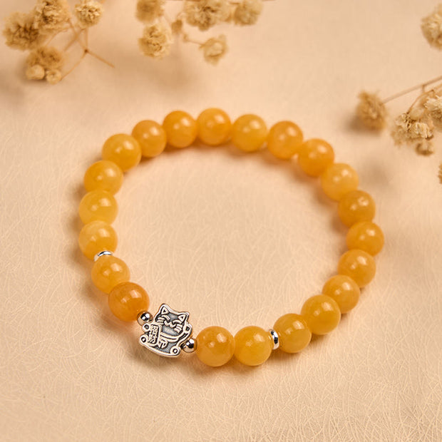 Buddha Stones 925 Sterling Silver Orange Tabby Cat Yellow Chalcedony Positivity Bracelet - image 1