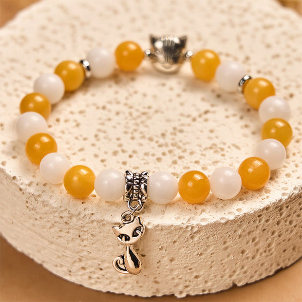 Buddha Stones Orange White Tabby Cat Yellow Chalcedony White Chalcedony Peace Bracelet - image 2