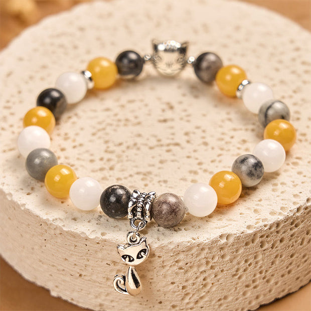 Buddha Stones Calico Cat Natural Grey Jasper Chalcedony Bead Healing Bracelet - image 2