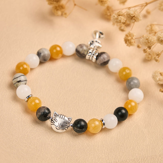 Buddha Stones Calico Cat Natural Grey Jasper Chalcedony Bead Healing Bracelet - image 1