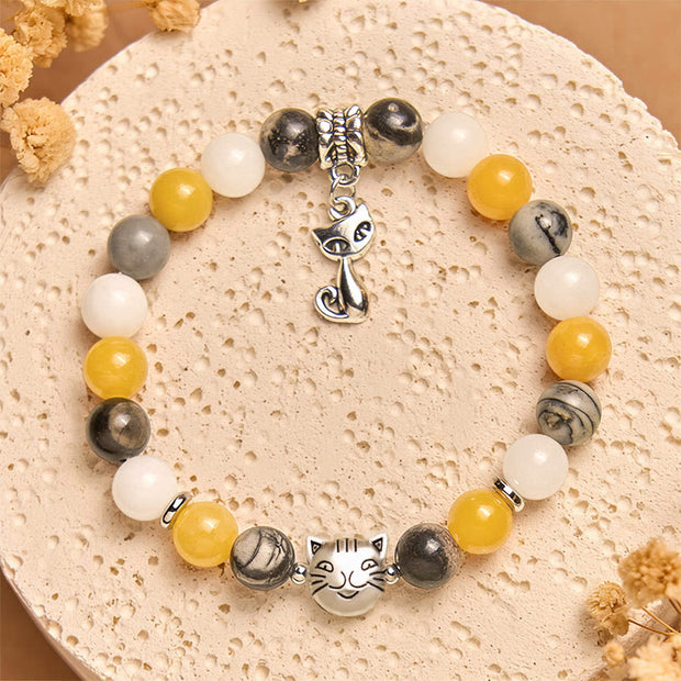 Buddha Stones Calico Cat Natural Grey Jasper Chalcedony Bead Healing Bracelet - image 4