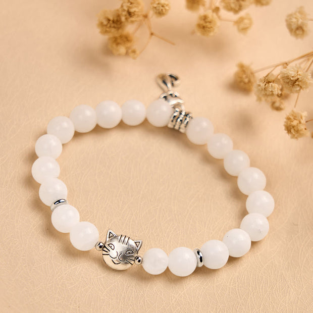 Buddha Stones White Cat Natural White Chalcedony Bead Positive Bracelet - image 1