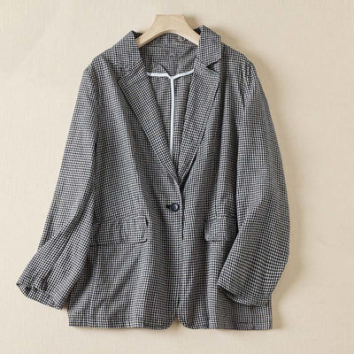 Buddha Stones Commute Plaid Pattern Women's Cotton Lapel Long Sleeve Jacket With Pockets - Small plaid - US12，UK/AU16，EU44 (2XL) - image 0
