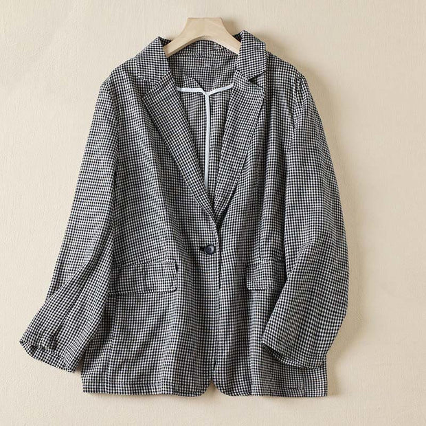 Buddha Stones Commute Plaid Pattern Women's Cotton Lapel Long Sleeve Jacket With Pockets - Small plaid - US12，UK/AU16，EU44 (2XL) - image 0