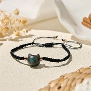 Buddha Stones Natural Labradorite Cute Cat Head Black Rope Healing Bracelet - image 1