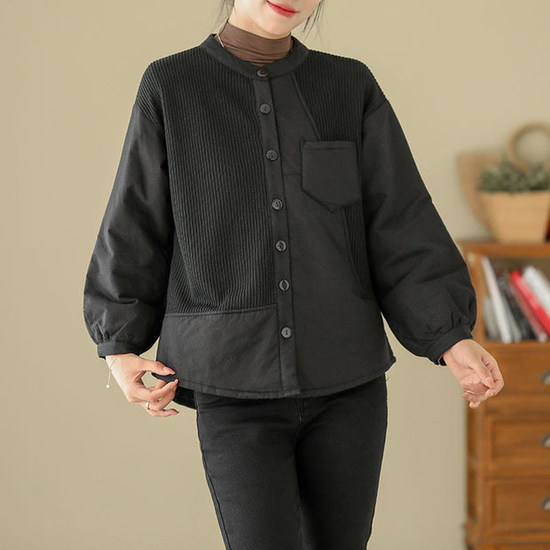Buddha Stones Commute Plain Patchwork Design Women's Cotton Long Sleeve Jacket With Pocket - Black - US8-10，UK/AU12-14，EU40-42 (XL) - image 10