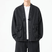 Buddha Stones Denim Button Design Men's Cotton Long Sleeve Jacket With Pockets - Black - US/UK/AU48，EU58(5XL) - image 0