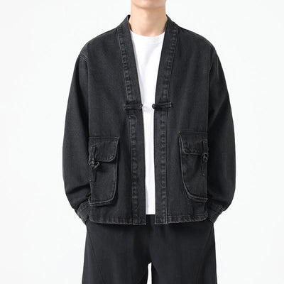 Buddha Stones Denim Button Design Men's Cotton Long Sleeve Jacket With Pockets - Black - US/UK/AU48，EU58(5XL) - image 0