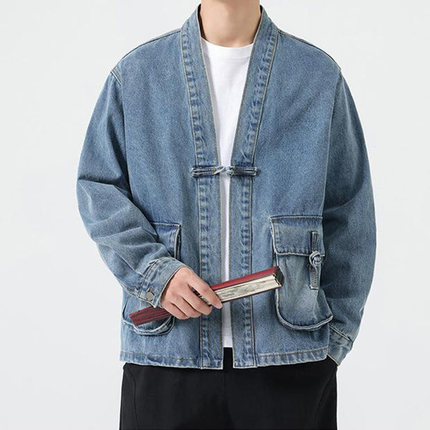 Buddha Stones Denim Button Design Men's Cotton Long Sleeve Jacket With Pockets - image 16