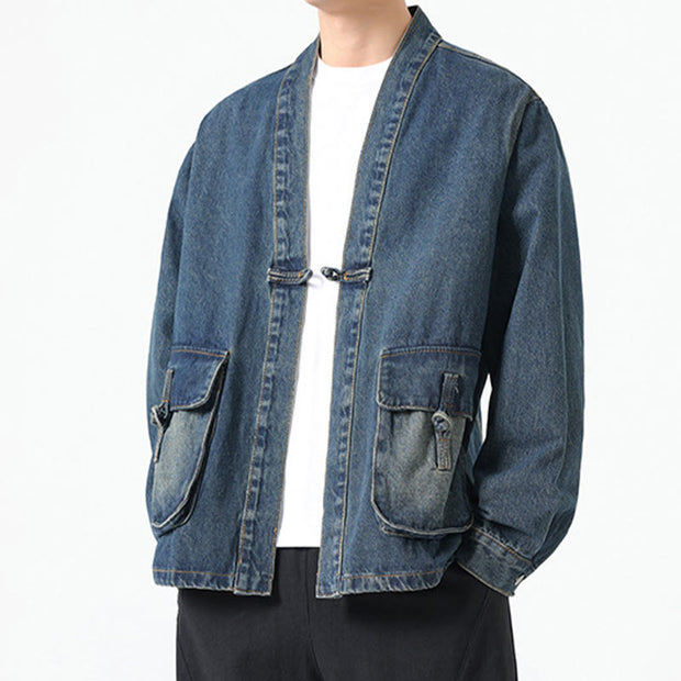 Buddha Stones Denim Button Design Men's Cotton Long Sleeve Jacket With Pockets - image 20