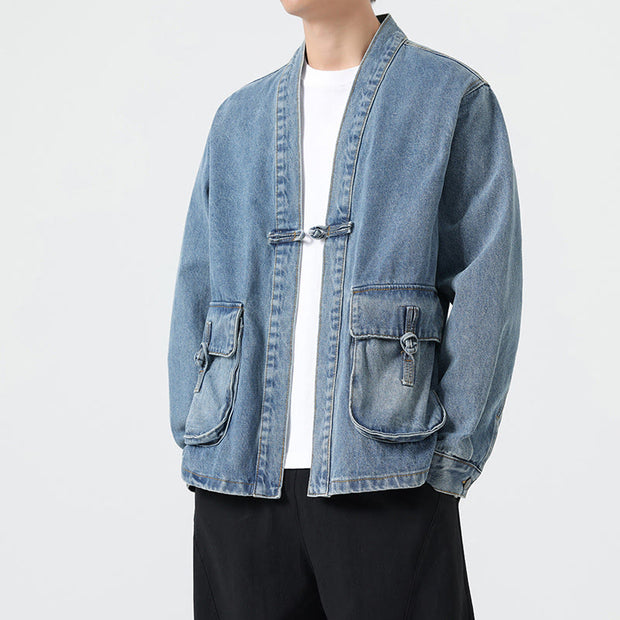 Buddha Stones Denim Button Design Men's Cotton Long Sleeve Jacket With Pockets - image 17