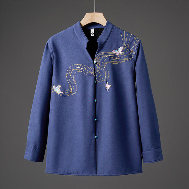 Buddha Stones Winter Embroidered Butterfly Ribbon Fleece-Lined Men's Cotton Long Sleeve Jacket - SteelBlue - US/UK/AU46，EU56 (5XL) - image 13