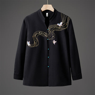Buddha Stones Winter Embroidered Butterfly Ribbon Fleece-Lined Men's Cotton Long Sleeve Jacket - Black - US/UK/AU46，EU56 (5XL) - image 0