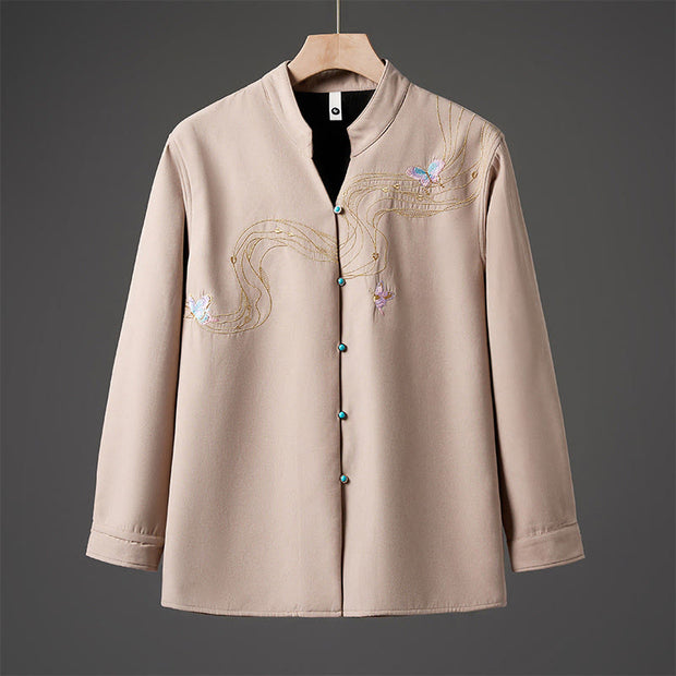 Buddha Stones Winter Embroidered Butterfly Ribbon Fleece-Lined Men's Cotton Long Sleeve Jacket - Bisque - US/UK/AU46，EU56 (5XL) - image 9