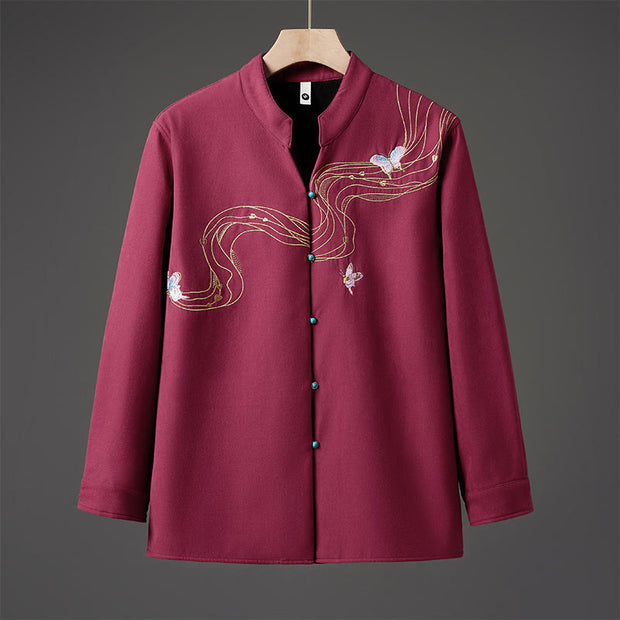 Buddha Stones Winter Embroidered Butterfly Ribbon Fleece-Lined Men's Cotton Long Sleeve Jacket - FireBrick - US/UK/AU46，EU56 (5XL) - image 7