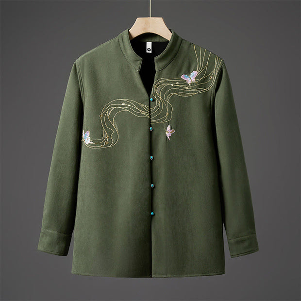 Buddha Stones Winter Embroidered Butterfly Ribbon Fleece-Lined Men's Cotton Long Sleeve Jacket - ForestGreen - US/UK/AU46，EU56 (5XL) - image 11