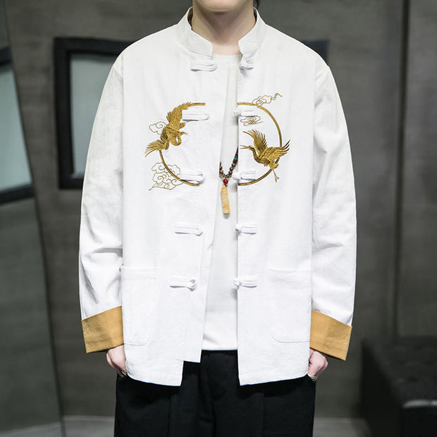 Buddha Stones Embroidered Golden Cranes Auspicious Clouds Frog-Button Cotton Linen Men's Shirt - image 1