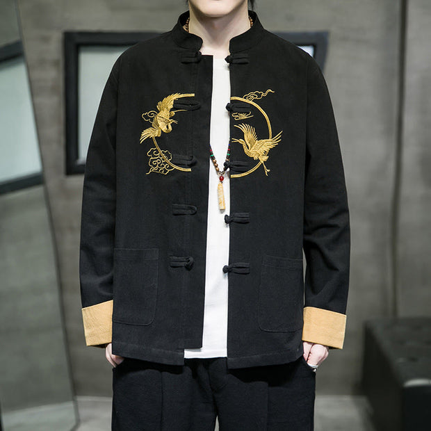 Buddha Stones Embroidered Golden Cranes Auspicious Clouds Frog-Button Cotton Linen Men's Shirt - Black - US/UK/AU46，EU56 (5XL) - image 14