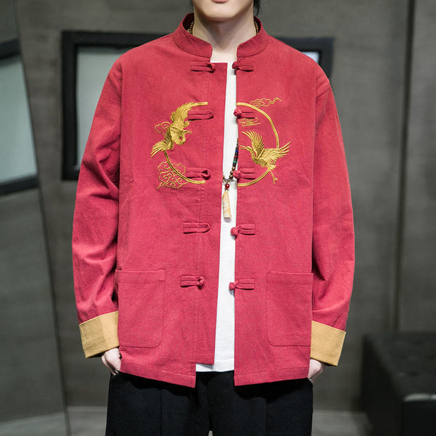 Buddha Stones Embroidered Golden Cranes Auspicious Clouds Frog-Button Cotton Linen Men's Shirt - Tomato - US/UK/AU46，EU56 (5XL) - image 29