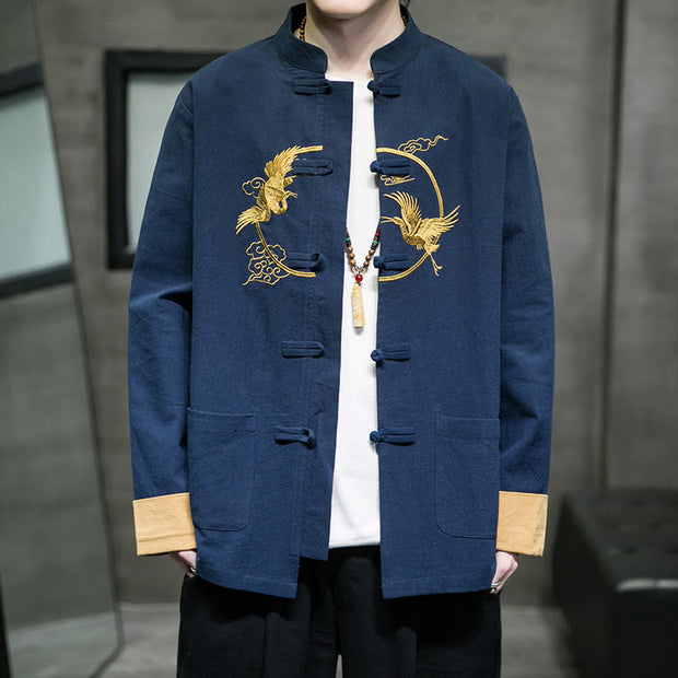 Buddha Stones Embroidered Golden Cranes Auspicious Clouds Frog-Button Cotton Linen Men's Shirt - SteelBlue - US/UK/AU46，EU56 (5XL) - image 21
