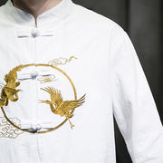 Buddha Stones Embroidered Golden Cranes Auspicious Clouds Frog-Button Cotton Linen Men's Shirt - image 11