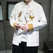 Buddha Stones Embroidered Golden Cranes Auspicious Clouds Frog-Button Cotton Linen Men's Shirt - image 9