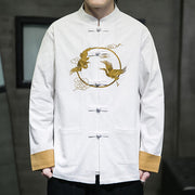 Buddha Stones Embroidered Golden Cranes Auspicious Clouds Frog-Button Cotton Linen Men's Shirt - image 2