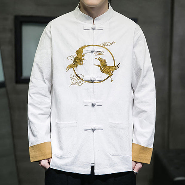 Buddha Stones Embroidered Golden Cranes Auspicious Clouds Frog-Button Cotton Linen Men's Shirt - image 2