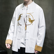 Buddha Stones Embroidered Golden Cranes Auspicious Clouds Frog-Button Cotton Linen Men's Shirt - image 8