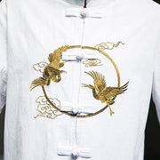 Buddha Stones Embroidered Golden Cranes Auspicious Clouds Frog-Button Cotton Linen Men's Shirt - image 12
