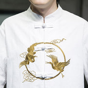 Buddha Stones Embroidered Golden Cranes Auspicious Clouds Frog-Button Cotton Linen Men's Shirt - image 10