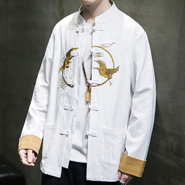 Buddha Stones Embroidered Golden Cranes Auspicious Clouds Frog-Button Cotton Linen Men's Shirt - image 8