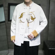 Buddha Stones Embroidered Golden Cranes Auspicious Clouds Frog-Button Cotton Linen Men's Shirt - image 7