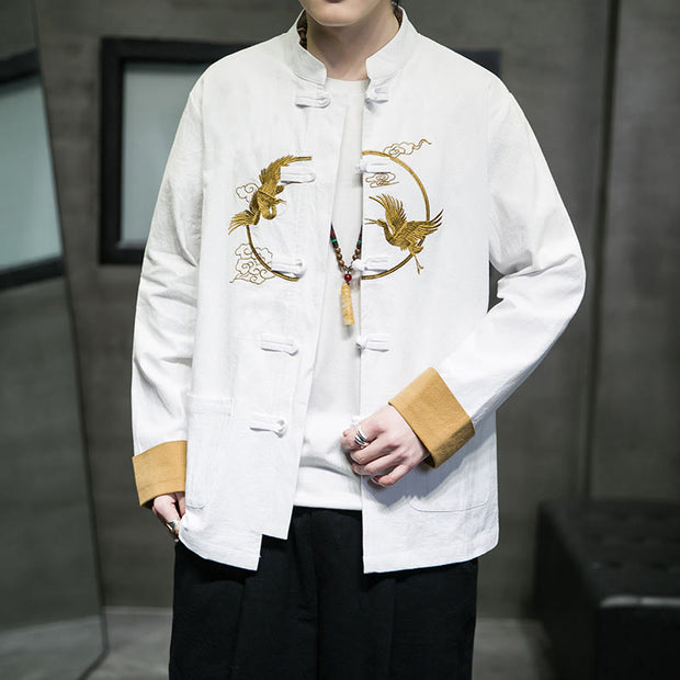 Buddha Stones Embroidered Golden Cranes Auspicious Clouds Frog-Button Cotton Linen Men's Shirt - image 7