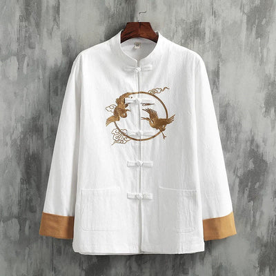 Buddha Stones Embroidered Golden Cranes Auspicious Clouds Frog-Button Cotton Linen Men's Shirt - White - US/UK/AU46，EU56 (5XL) - image 0