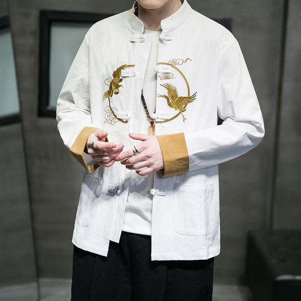 Buddha Stones Embroidered Golden Cranes Auspicious Clouds Frog-Button Cotton Linen Men's Shirt - image 6