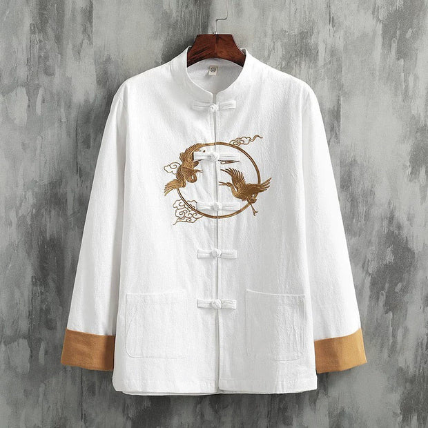 Buddha Stones Embroidered Golden Cranes Auspicious Clouds Frog-Button Cotton Linen Men's Shirt - White - US/UK/AU46，EU56 (5XL) - image 0