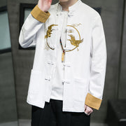 Buddha Stones Embroidered Golden Cranes Auspicious Clouds Frog-Button Cotton Linen Men's Shirt - image 5