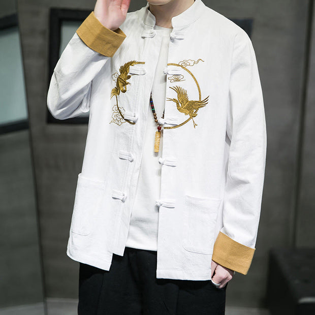 Buddha Stones Embroidered Golden Cranes Auspicious Clouds Frog-Button Cotton Linen Men's Shirt - image 5