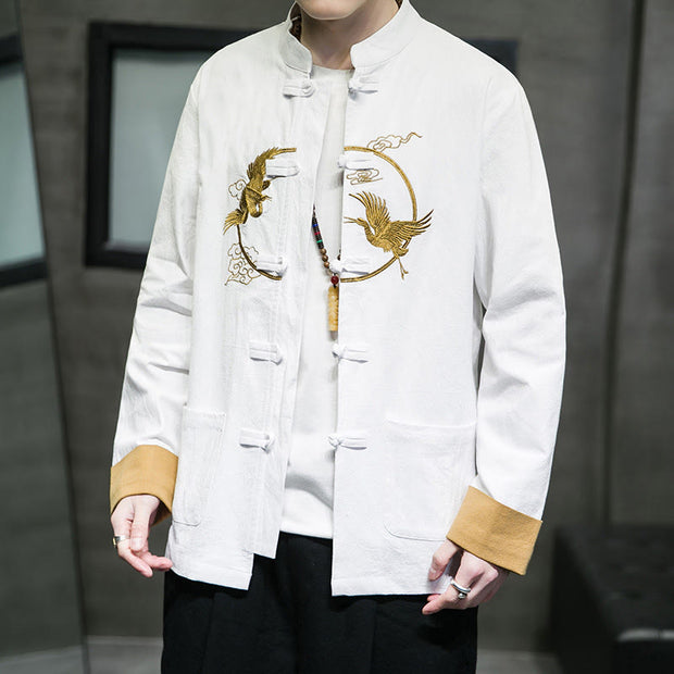 Buddha Stones Embroidered Golden Cranes Auspicious Clouds Frog-Button Cotton Linen Men's Shirt - image 3