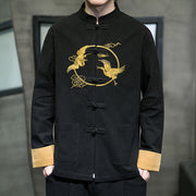 Buddha Stones Embroidered Golden Cranes Auspicious Clouds Frog-Button Cotton Linen Men's Shirt - image 20