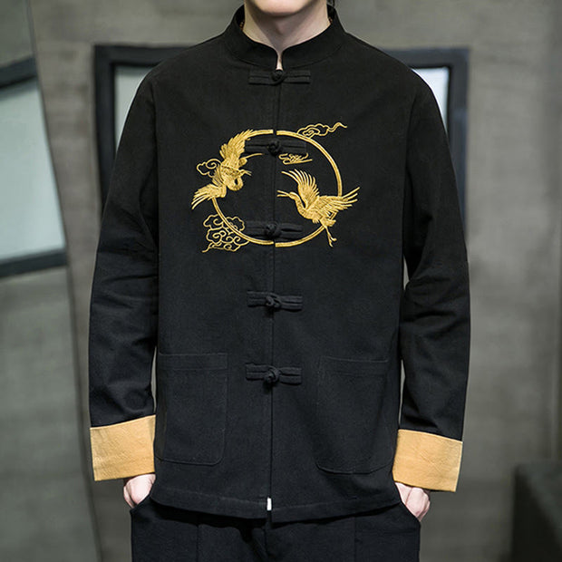 Buddha Stones Embroidered Golden Cranes Auspicious Clouds Frog-Button Cotton Linen Men's Shirt - image 20