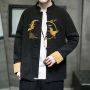 Buddha Stones Embroidered Golden Cranes Auspicious Clouds Frog-Button Cotton Linen Men's Shirt - image 17