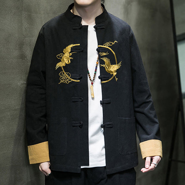 Buddha Stones Embroidered Golden Cranes Auspicious Clouds Frog-Button Cotton Linen Men's Shirt - image 16