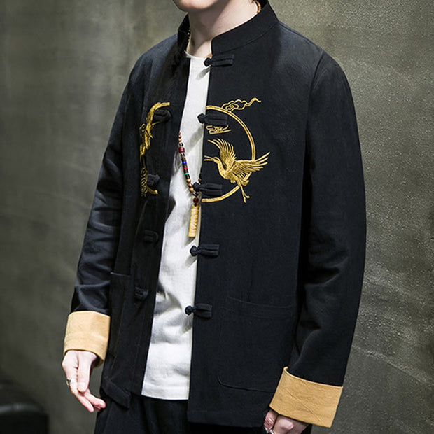 Buddha Stones Embroidered Golden Cranes Auspicious Clouds Frog-Button Cotton Linen Men's Shirt - image 18